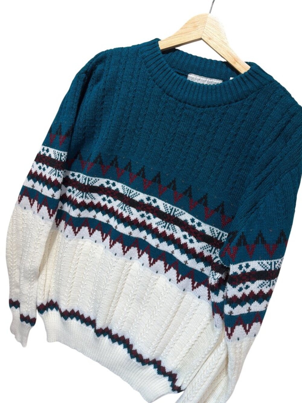 Rob Winter Vintage Teal and White Fair Isle Nordic Grandpa Sweater Medium